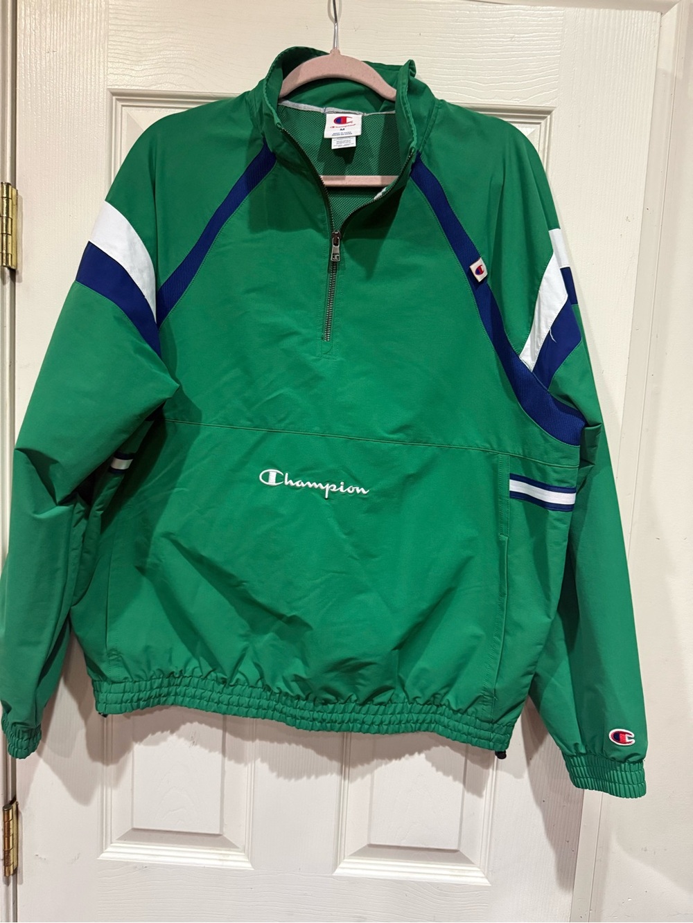 Champion Green Pullover Varsity Jacket with Navy & White Stripes